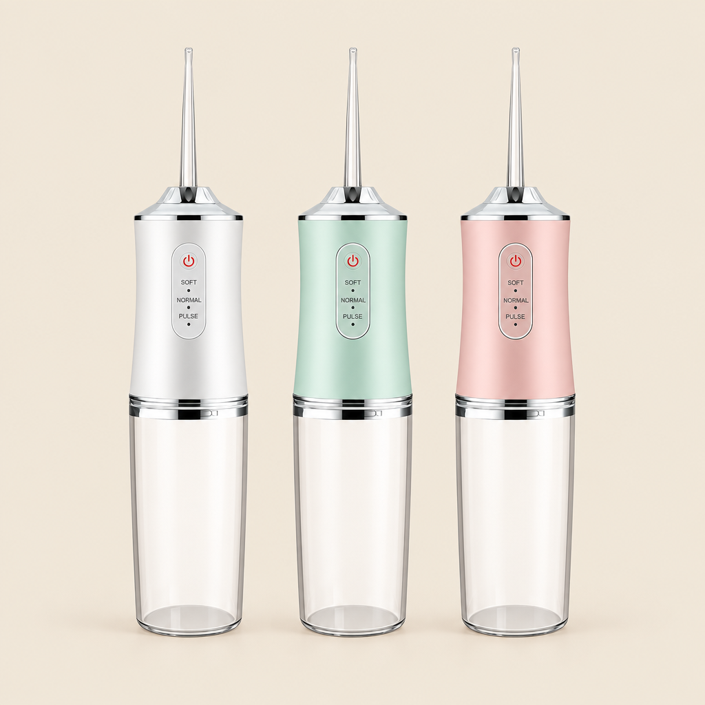 Cordless water flosser in white, mint green and pink