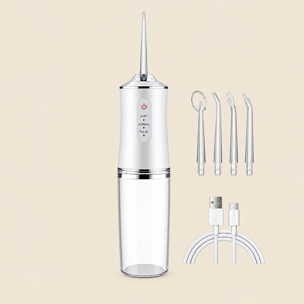 White water flosser with four jet tips and USB-C cable