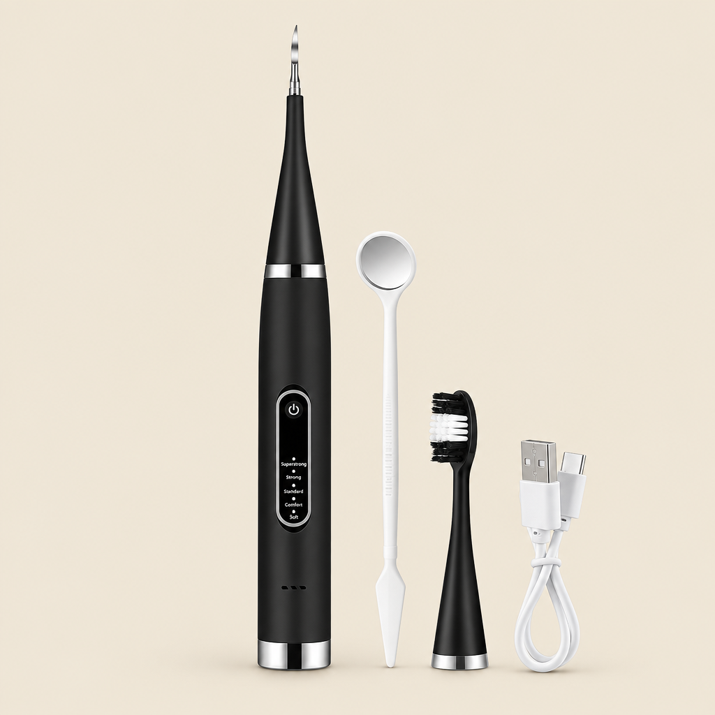 Ultrasonic dental scaler in black with mirror, brush head and USB-C cable