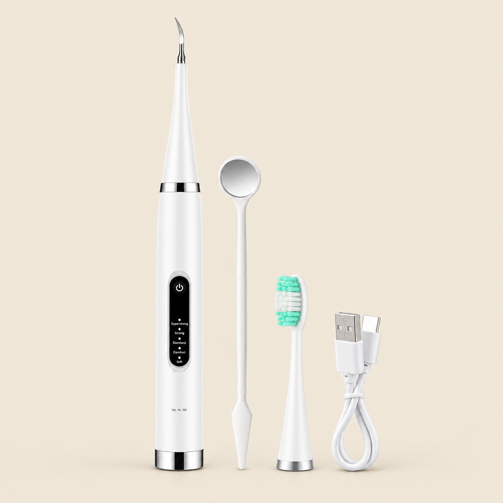 Ultrasonic dental scaler in white with mirror, brush head and USB-C cable