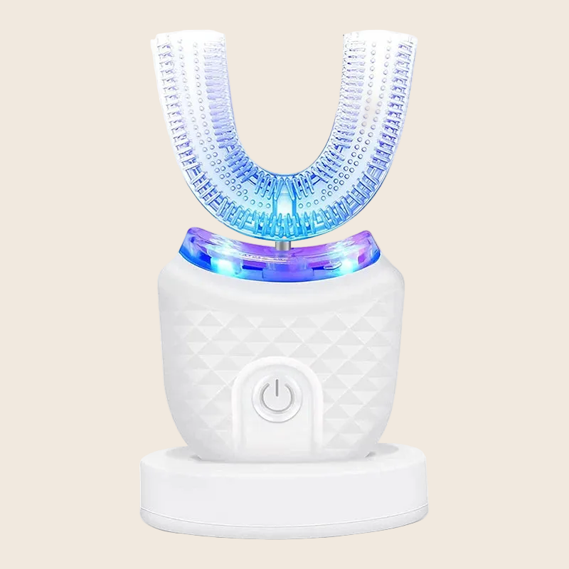U-shaped sonic toothbrush in white, full-mouth silicone brush head