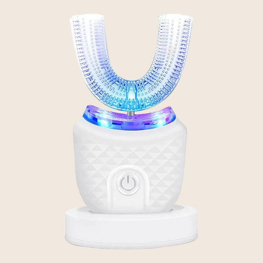 U-shaped sonic toothbrush in white, full-mouth silicone brush head