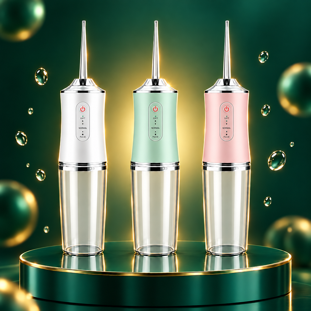 Cordless water flossers in white, mint green and pink on an emerald pedestal