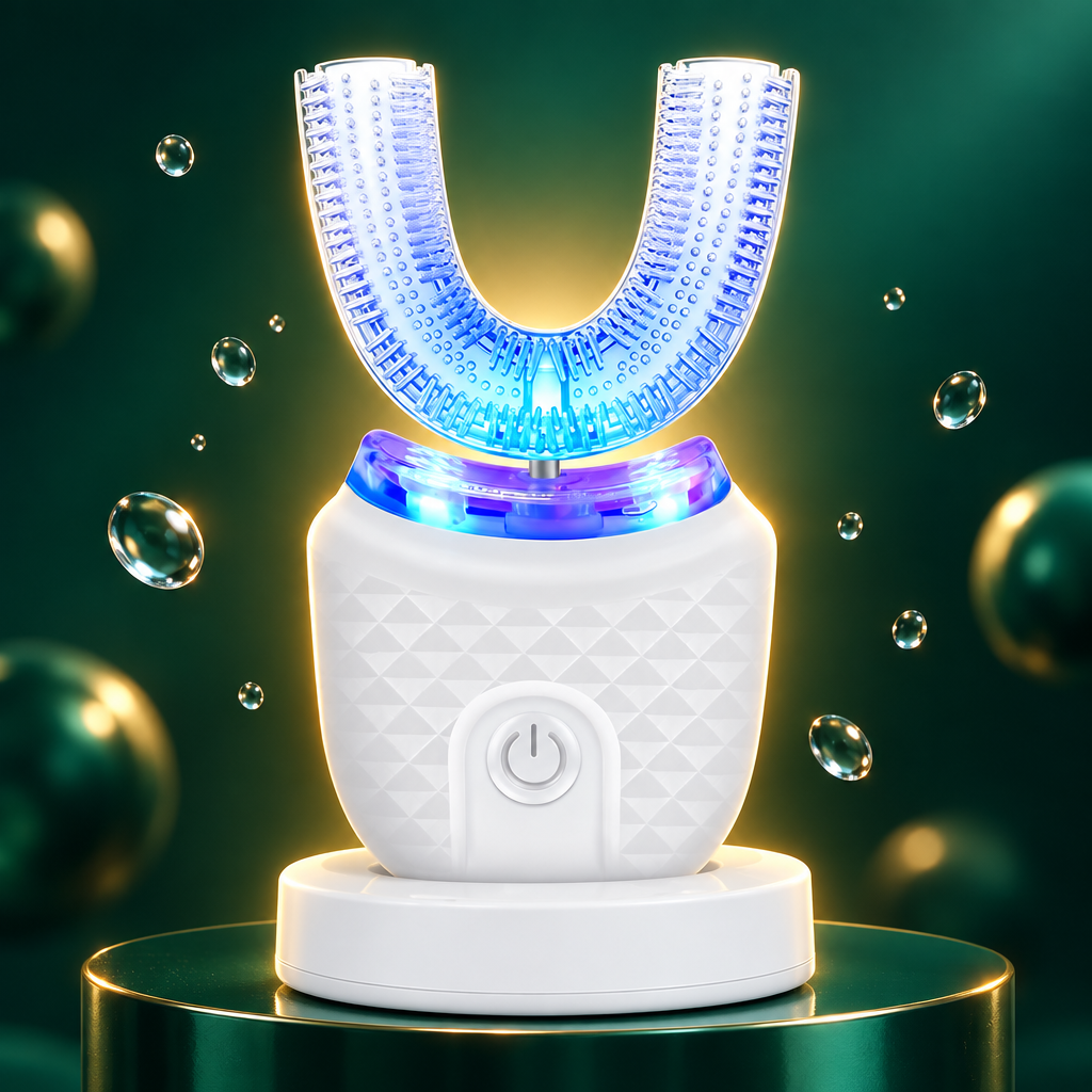 U-shaped sonic toothbrush on an emerald pedestal with a golden glow