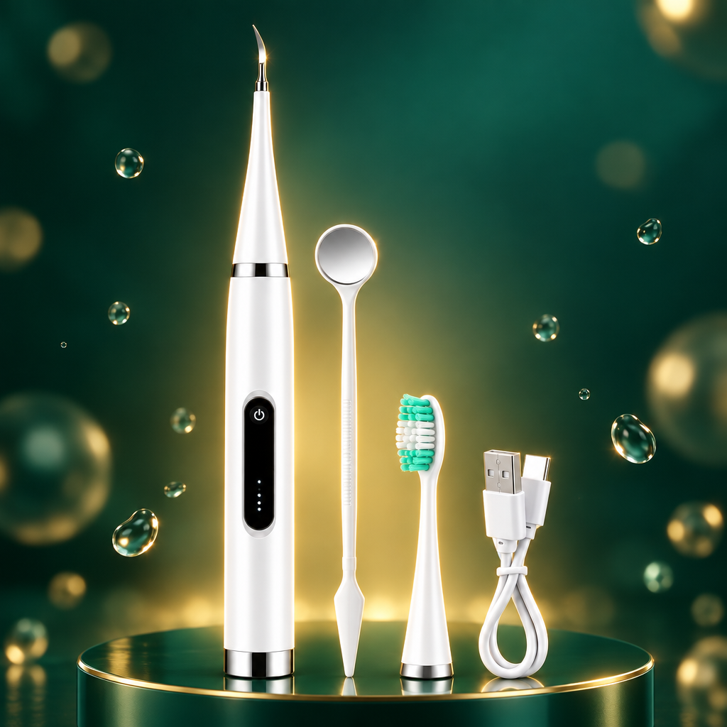 Ultrasonic dental scaler kit on an emerald pedestal with a golden glow